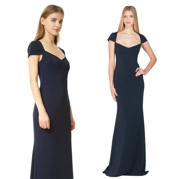 BADGLEY MISCHKA COLLECTION Cap-Sleeve Sweetheart Column Crepe Gown Navy Size 8 - Picture 1 of 8